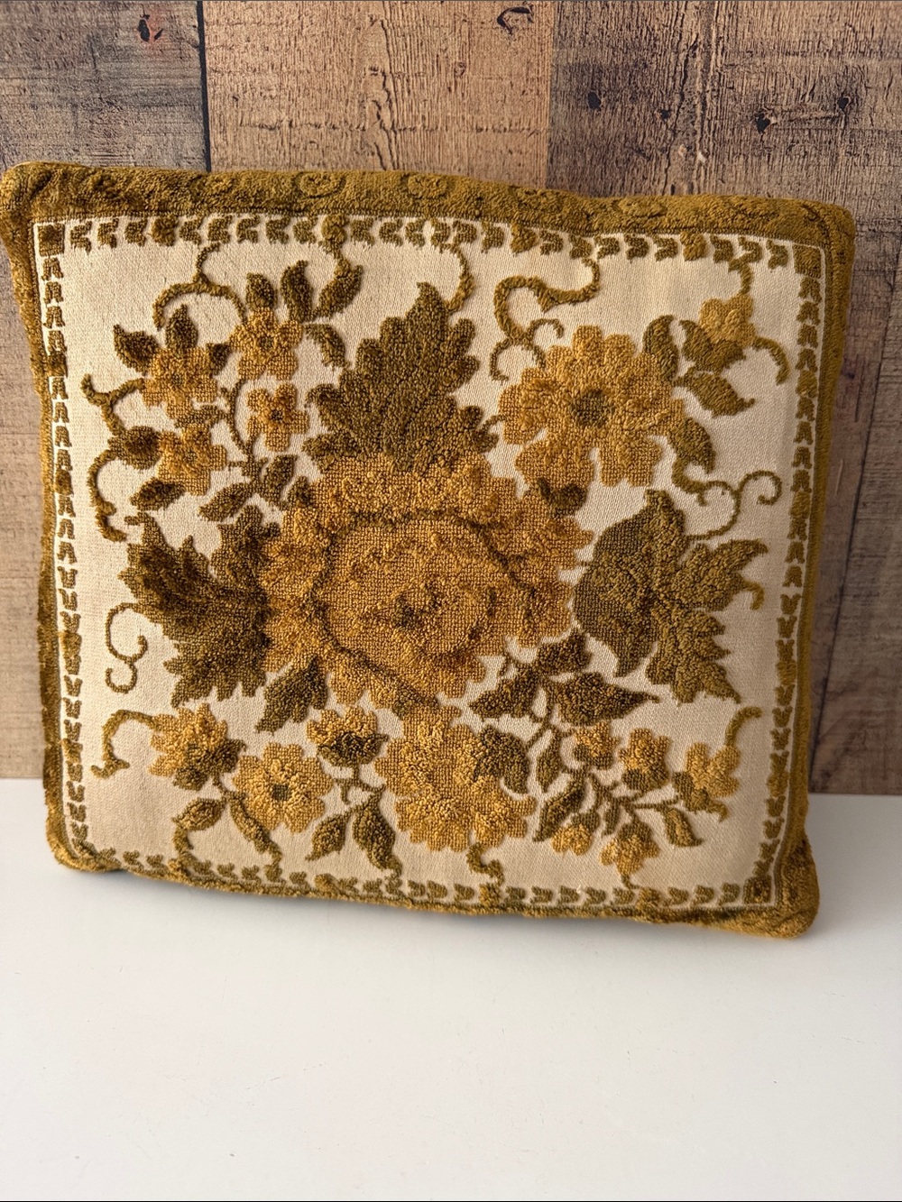 VTG mid-century gold and green cut velvet floral throw pillow